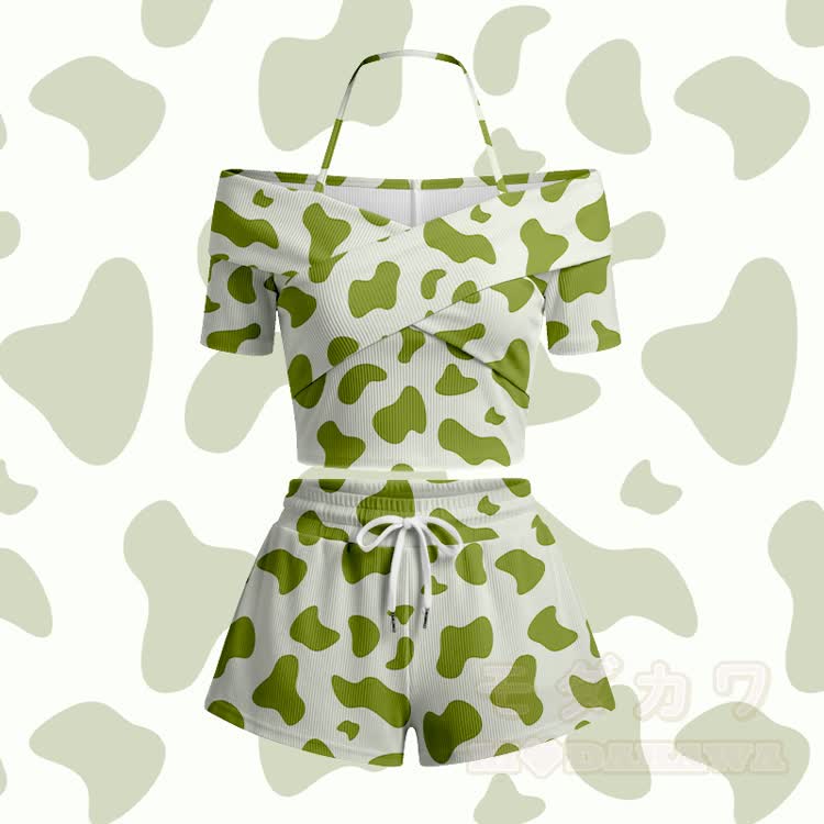 Cow Print Modakawa Off Shoulder Top & Shorts Set - Green Set - 5XL - image 4