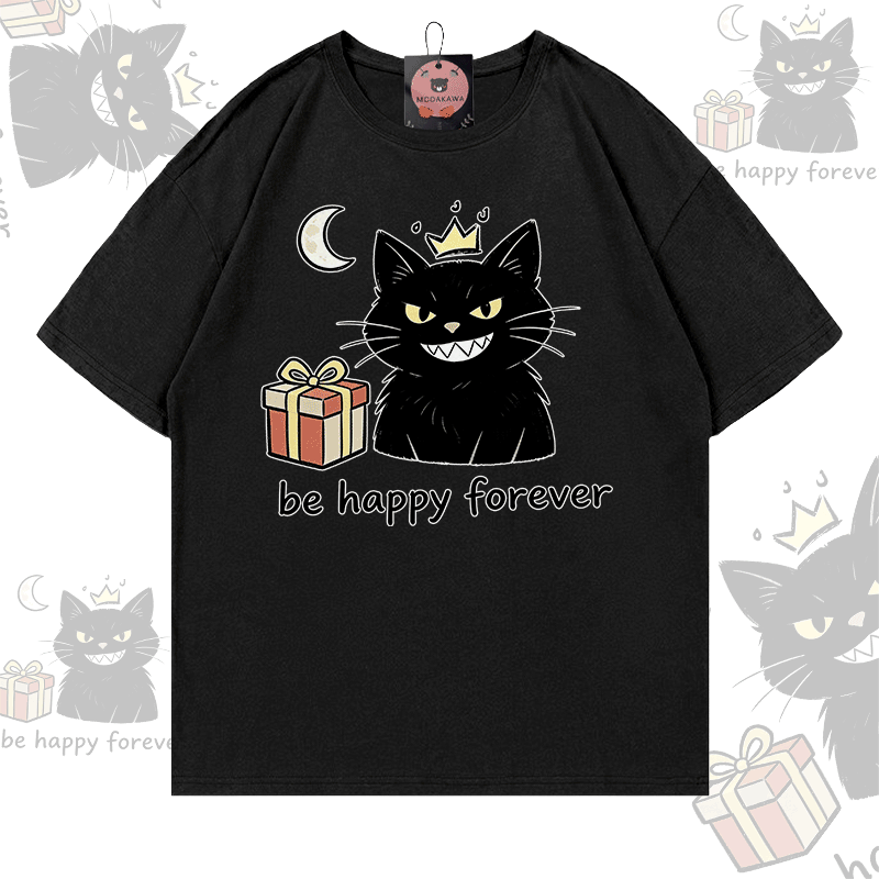BE HAPPY FOREVER Black Cat Graphic Modakawa 100% Cotton T-shirt - Black - 5XL - image 3