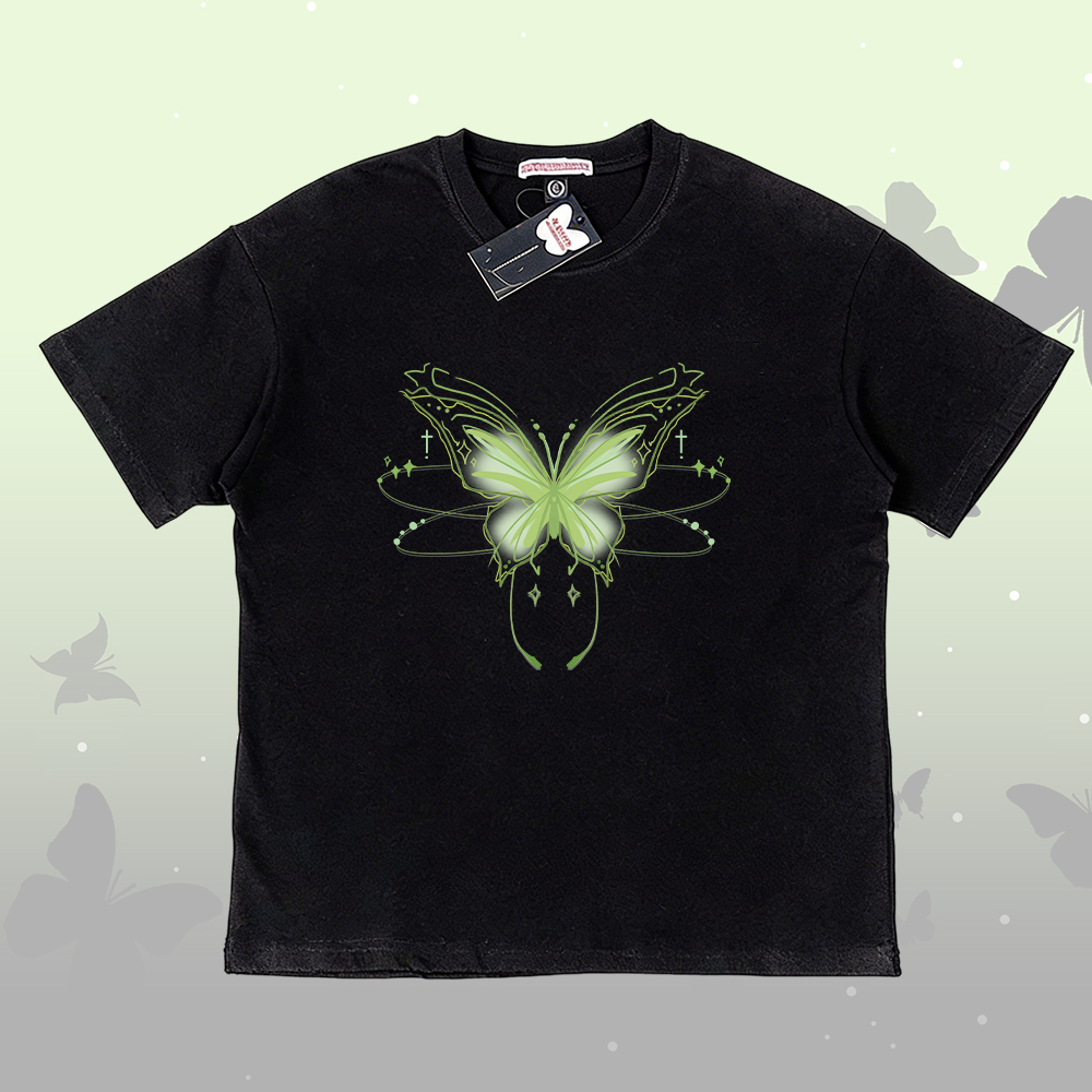 Butterfly Graphic 100% Cotton T-shirt Gradient Shorts Modakawa Matching Outfit - Black T-shirt - 5XL - image 4