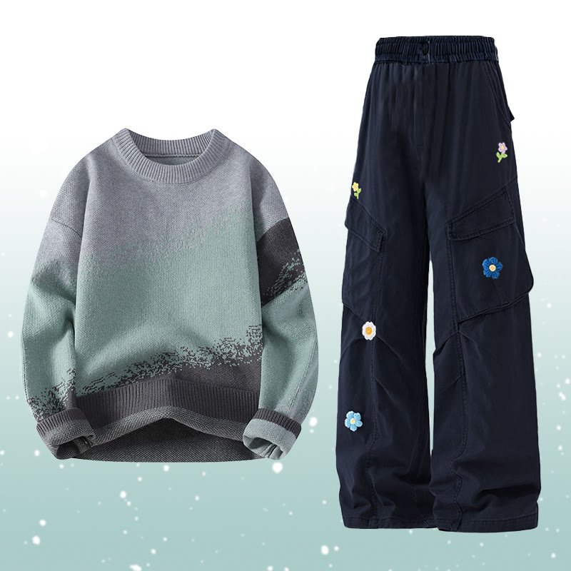 Gradient Knit Sweater Flower Cargo Pants Two Pieces - Set B - 2XL - image 2