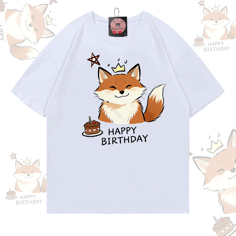 HAPPY BIRTHDAY Fox Graphic Modakawa 100% Cotton T-shirt - White - 5XL - image 4