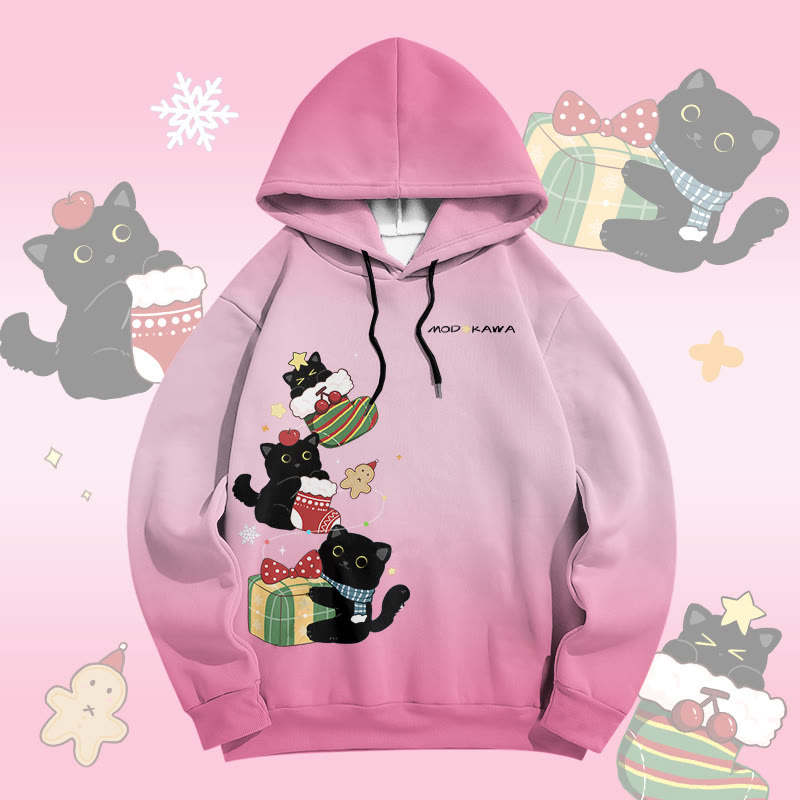 MODAKAWA Gradient Christmas Black Cat Graphic All Over Print Pullover Hoodie - Pink - 6XL - image 3
