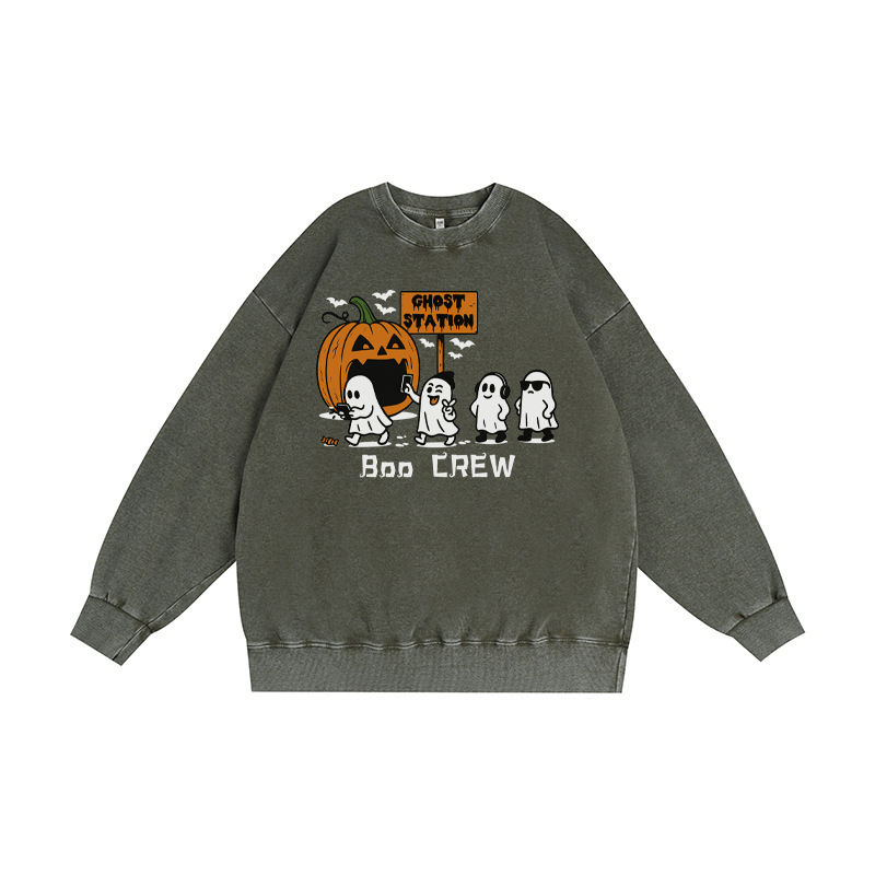 BOO CREW Unisex Vintage Washed Sweatshirt Ghosts Pumpkin Halloween Graphic Crewneck Pullover - Dark Green - 3XL - image 4
