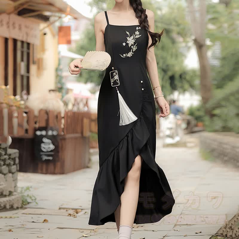 Vintage Flower Embroidered Buckle Top Ruffle Hem Slip Dress Two Pieces Set - image 4