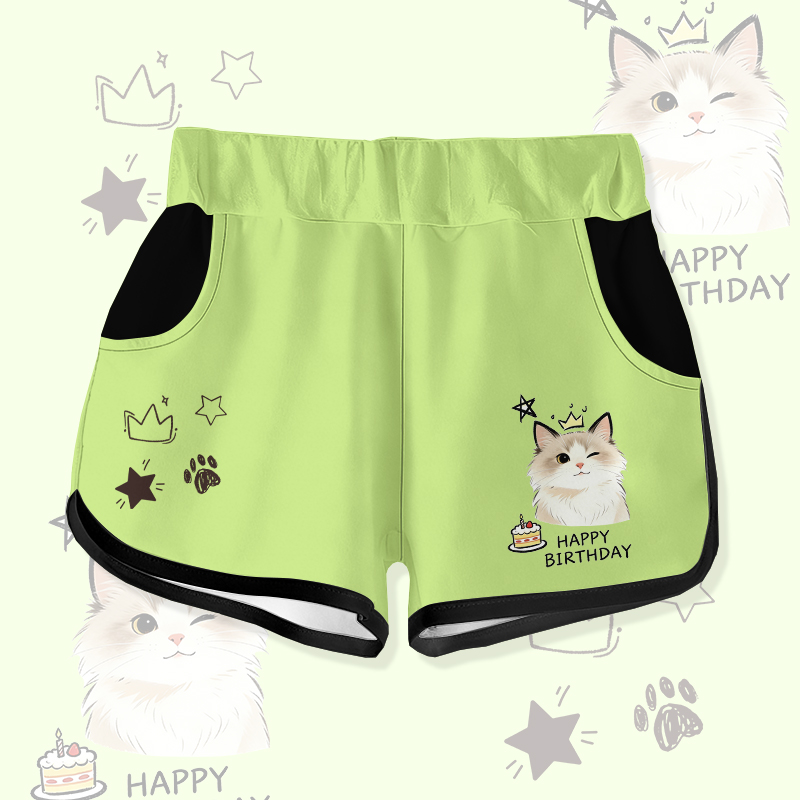 HAPPY BIRTHDAY Wink Cat Cake Graphic Modakawa Shorts - Green - 5XL - image 3
