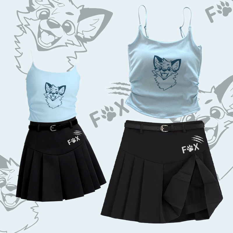 MODAKAWA X atka Fox Graphic Camisole Belt Pleated Skirt Two Pieces Set - Set B - L - image 2