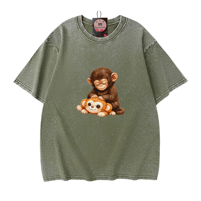 PUNCH Monkey Graphic Modakawa Vintage Washed 100% Cotton T-shirt - Green - 5XL - image 9
