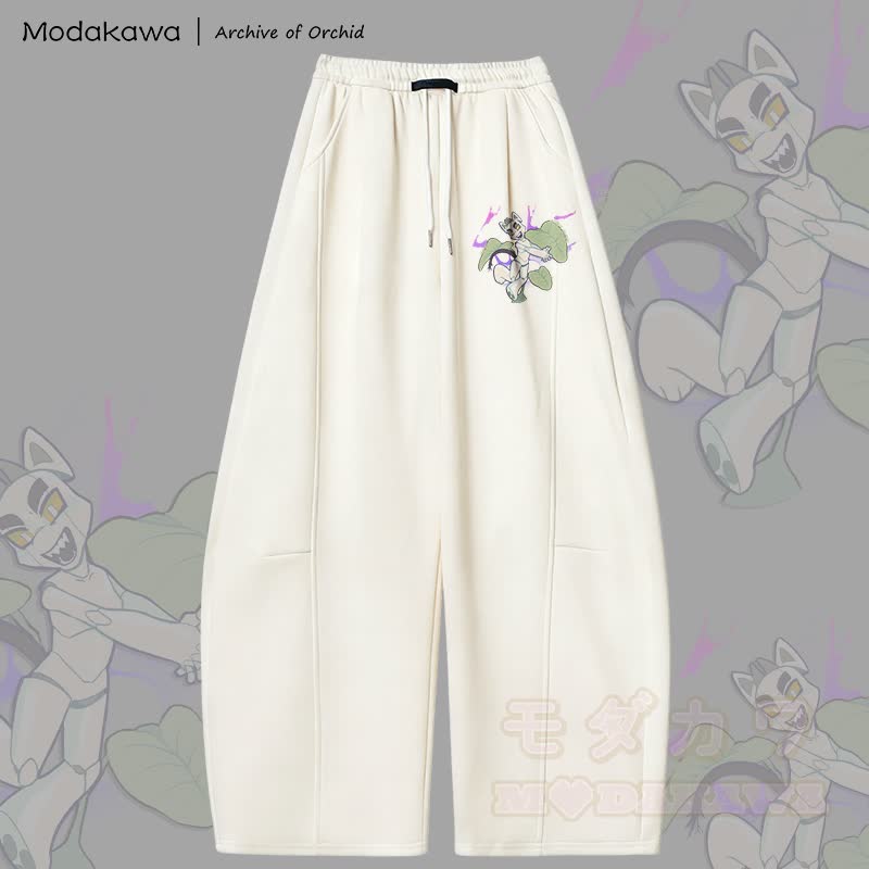 MODAKAWA X Archive of Orchid Mecha Cat Graphic Wide Leg Pants - White - 5XL - image 3
