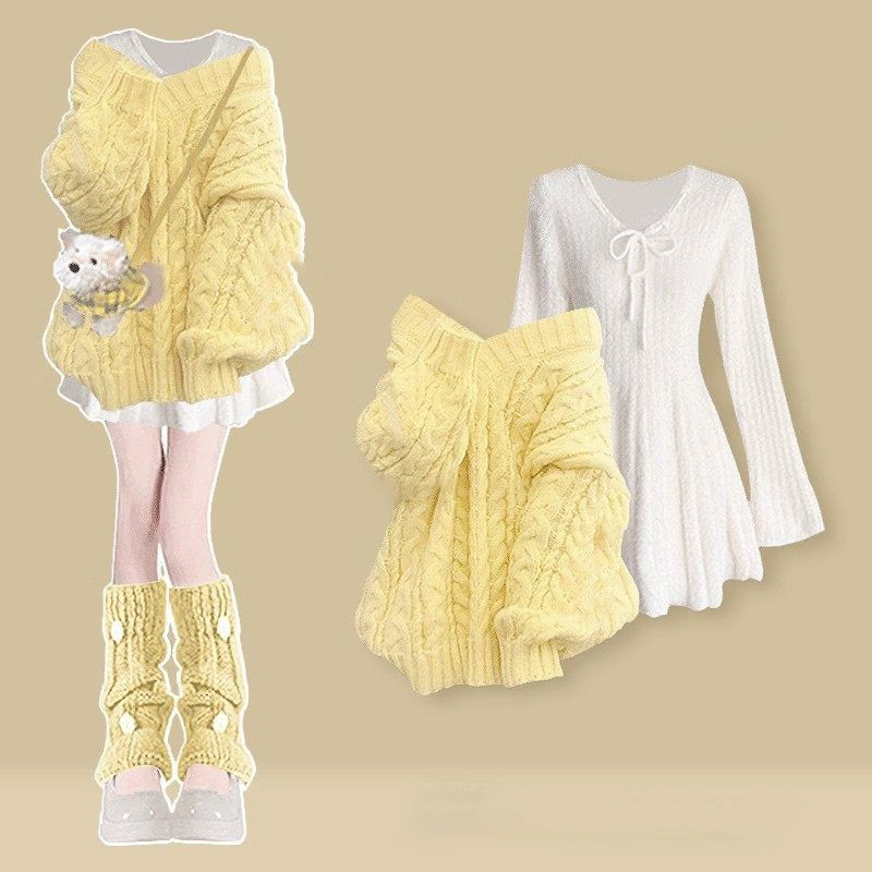 Sweet V-Neck Knit Sweater and Dress Two Pieces Set - Yellow Top+White Dress - 4XL - image 8