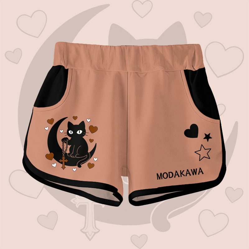 Astrology Black Cat Graphic Modakawa Shorts - Brown B - 5XL - image 6