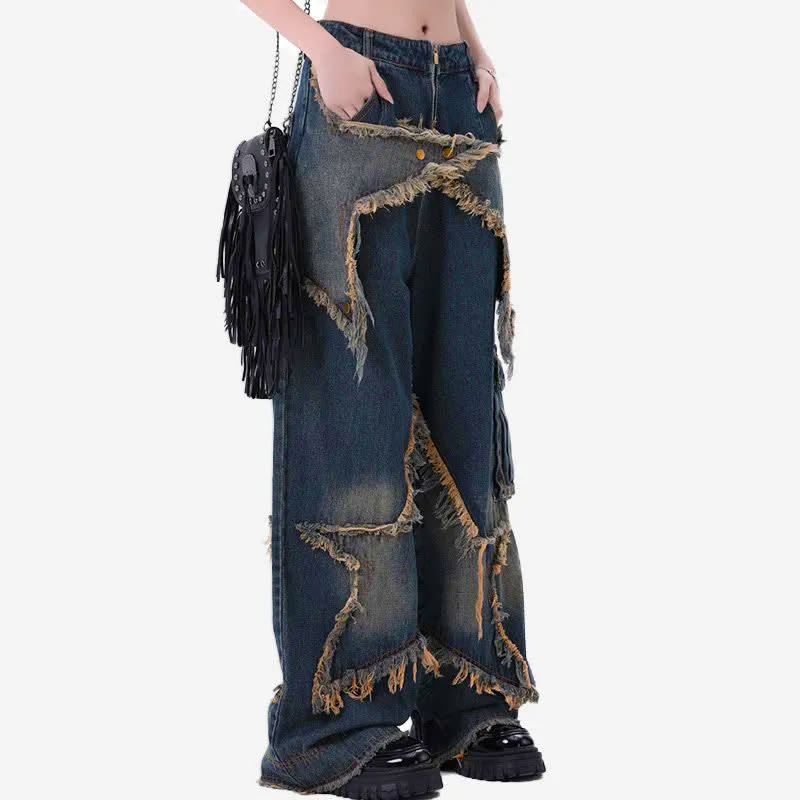 Vintage Star Pattern Loose Denim Pants - image 5