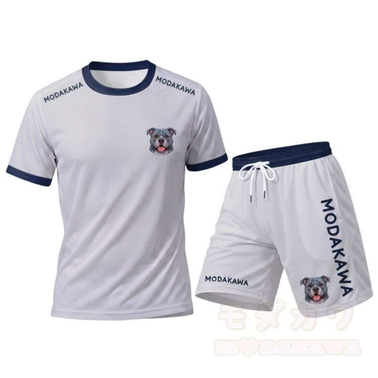 Bulldog Graphic Men's Sports T-shirt Drawstring Shorts Modakawa Matching Outfit - White Set - 5XL - image 12