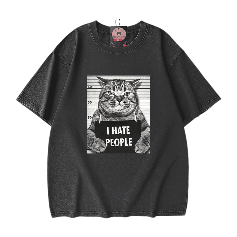 I HATE PEOPLE Cat Graphic Modakawa Unisex Vintage Washed T-shirt - Black - 5XL - image 2