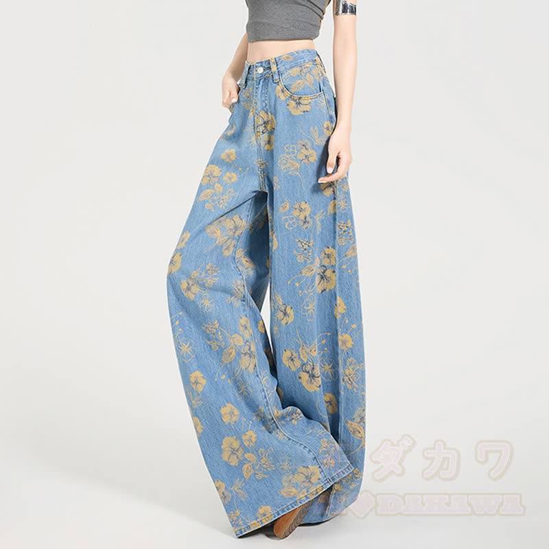 Vintage Floral Print High Waist Wide Leg Denim Pants - image 5