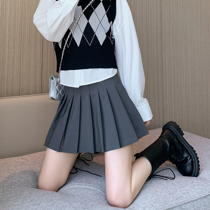 Preppy High Waist A-Line Pleated Skirt - Dark Grey Long Size - 2XL - image 4
