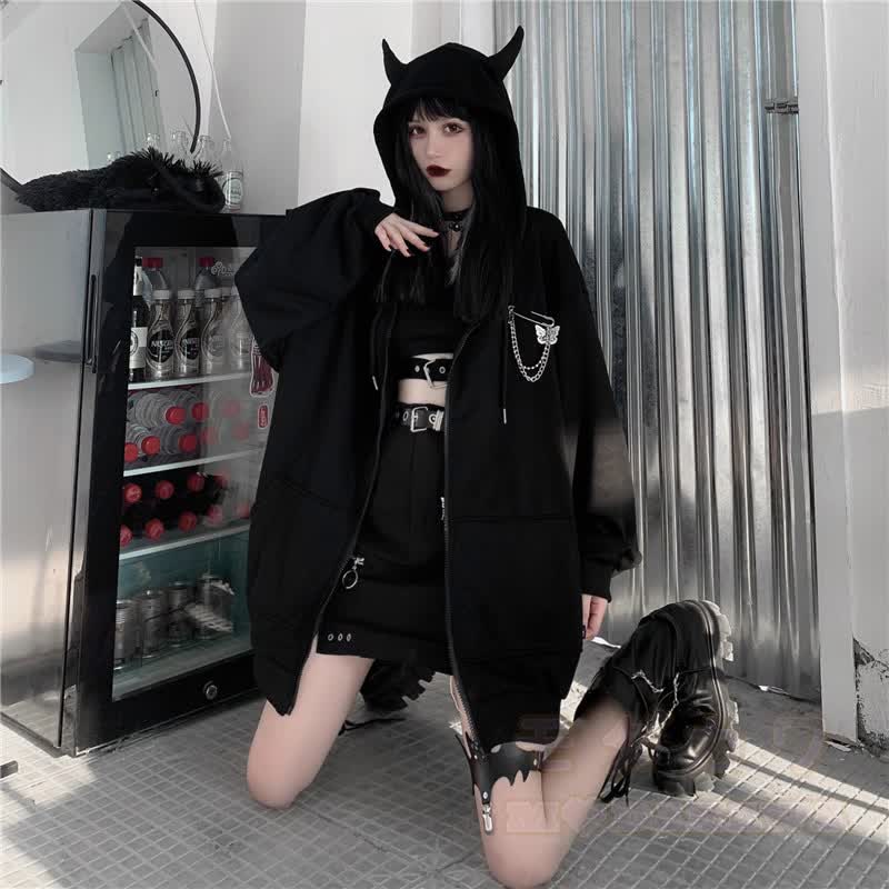 Dark Gothic Little Devil Hooded Hoodie Jacket - image 4