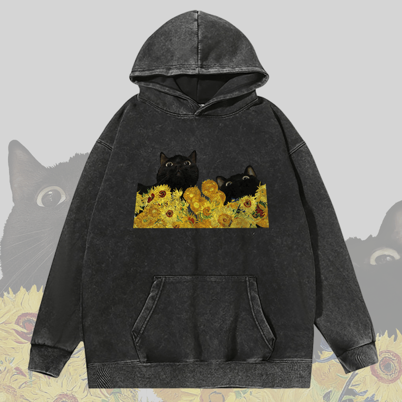 MODAKAWA Unisex Vintage Washed Hoodie Black Cats Among Sunflowers Graphic Pullover - Black - 2XL - image 3