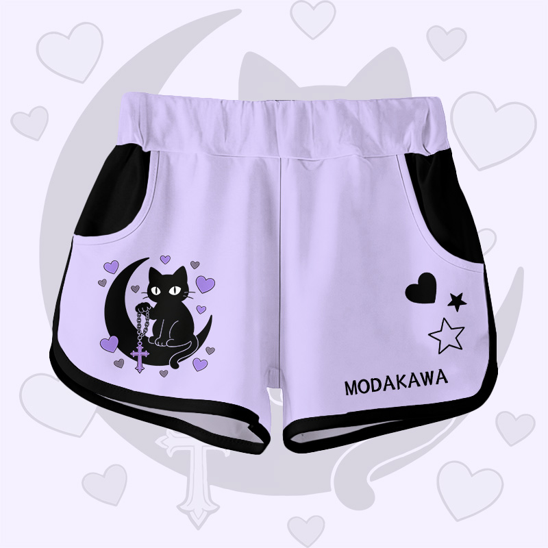 Astrology Black Cat Graphic Modakawa Shorts - Purple B - 5XL - image 4