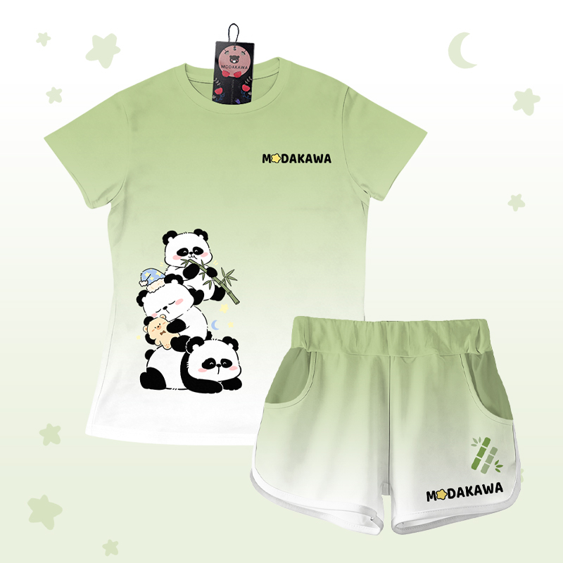 Gradient Panda Graphic T-shirt Letter Graphic Shorts Modakawa Matching Outfit - Green Set - 5XL - image 3