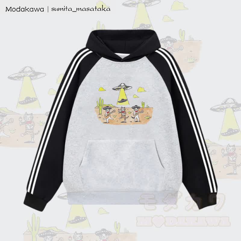 MODAKAWA X sumita_masataka Cat Band And The UFO Graphic Color Block Fleece Lined Hoodie - Grey - 2XL - image 3