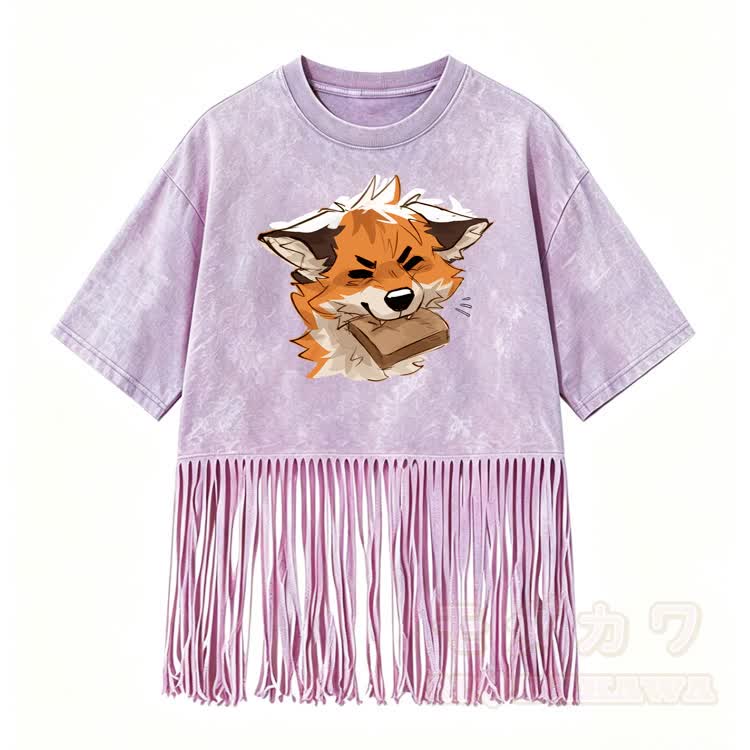MODAKAWA X atka Fox Biting Graphic Washed T-Shirt & Lace Up Wide Leg Jeans - Purple T-Shirt - 5XL - image 6