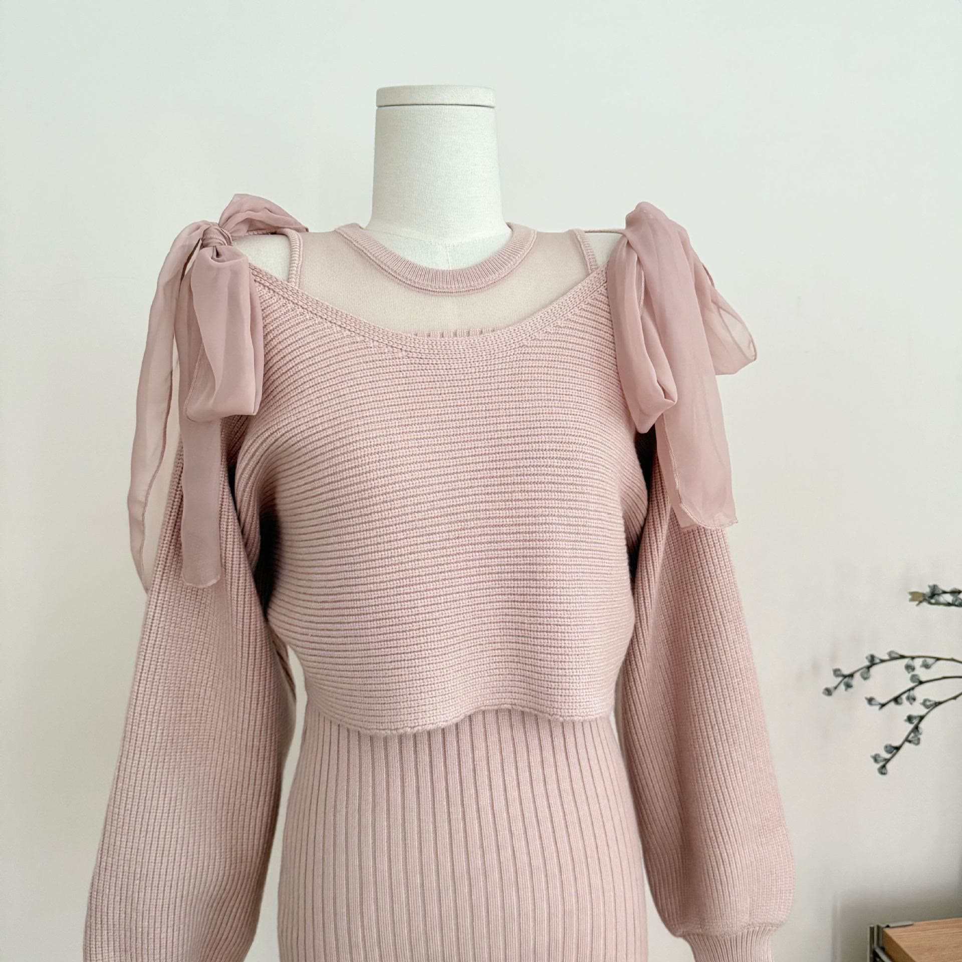 Sweet Bow Knit Cover-up and Dress Two Pieces Set - image 3