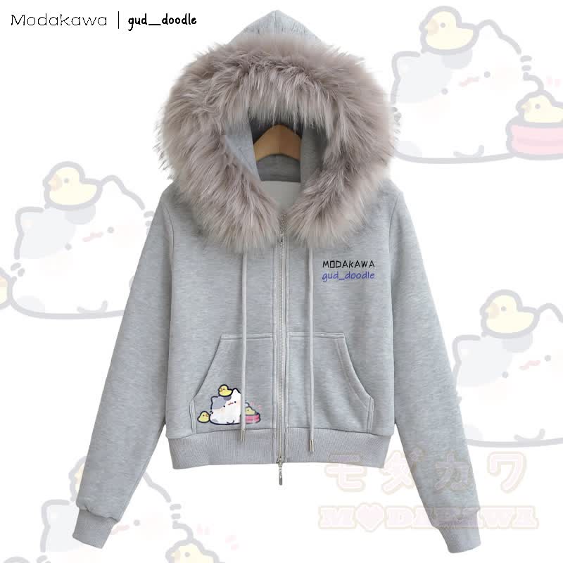 MODAKAWA x gud_doodle Kitty Chick Graphic Fleece Lined Faux Fur Trim Zip-Up Hoodie - Grey - L - image 3