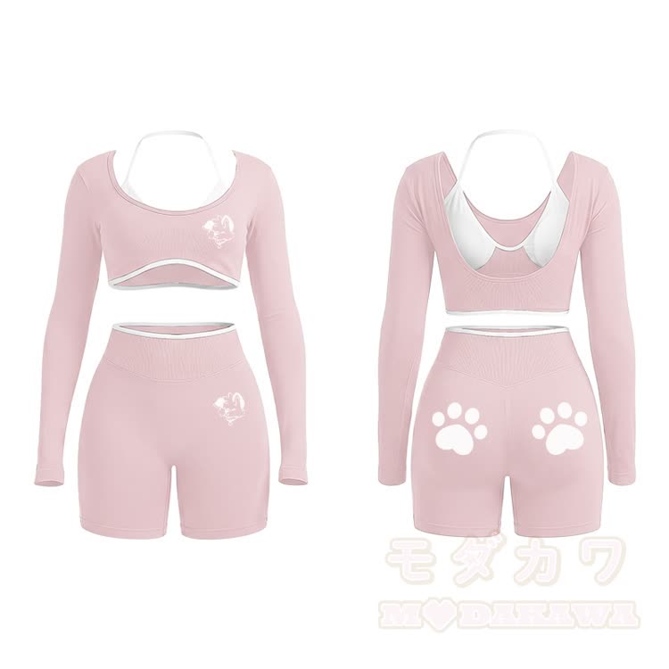 MODAKAWA X popipeko Puppy Graphic Tight Long Sleeve Yoga Top & Shorts Set - Light Pink - XL - image 9
