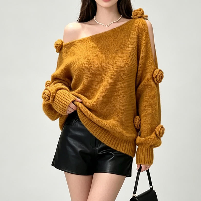 3D Flower Off Shoulder Knit Top - Orange - One Size - image 6