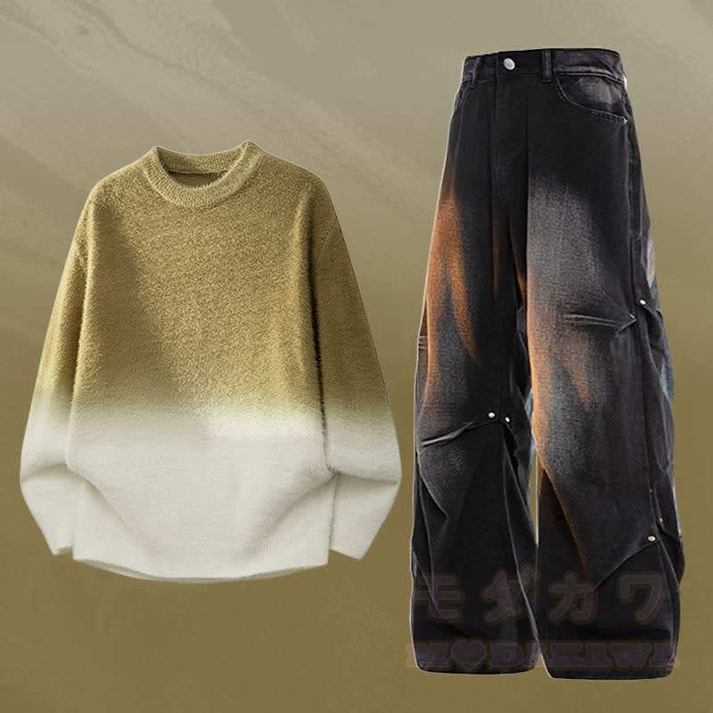 Gradient Knit Sweater Denim Pants Two Pieces - Set F - 3XL - image 6