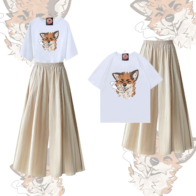 MODAKAWA X atka Fox Smoking Graphic 100% Cotton T-shirt Wide Leg Pants Two Pieces Set - White & Apricot - XL - image 2