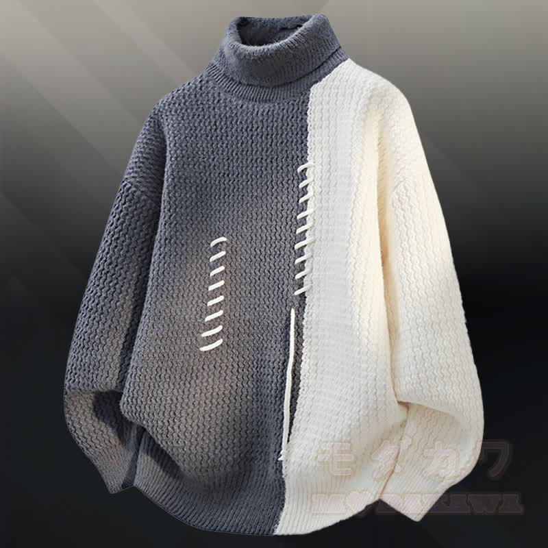 Turtleneck Color Block Fleece Lined Sweater Denim Pants Two Pieces - Grey Sweater - 3XL - image 6