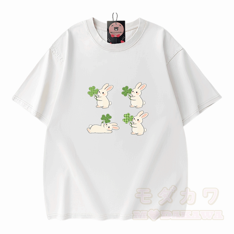 St. Patrick's Day Bunny Graphic Modakawa Vintage Washed 100% Cotton T-shirt - White - 5XL - image 3