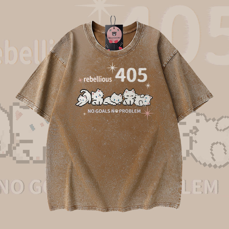 REBELLIOUS 405 Cat Graphic Modakawa Vintage Washed 100% Cotton T-shirt - Brown - 5XL - image 4