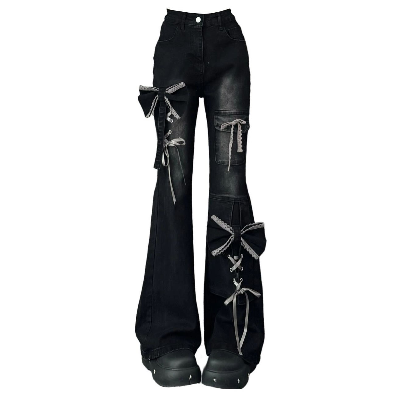 Y2K Bow Tie Strap Flared Denim Jeans - image 5