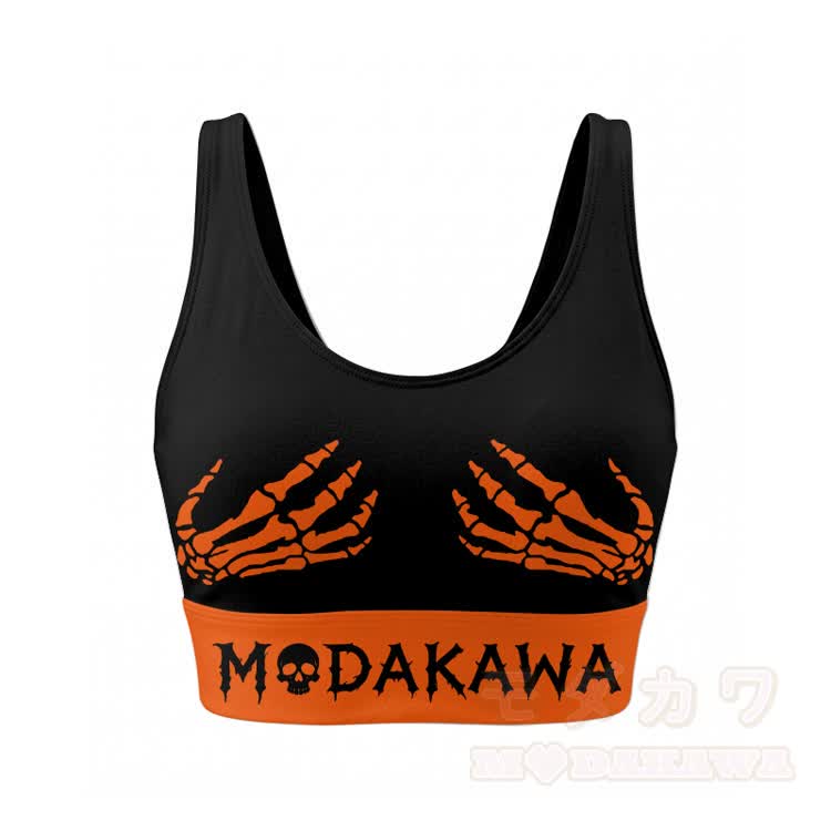 Skull Hand Graphic Crop Tank Sport Top Flare Pants Modakawa Matching Outfit - Orange Top - 2XL - image 5