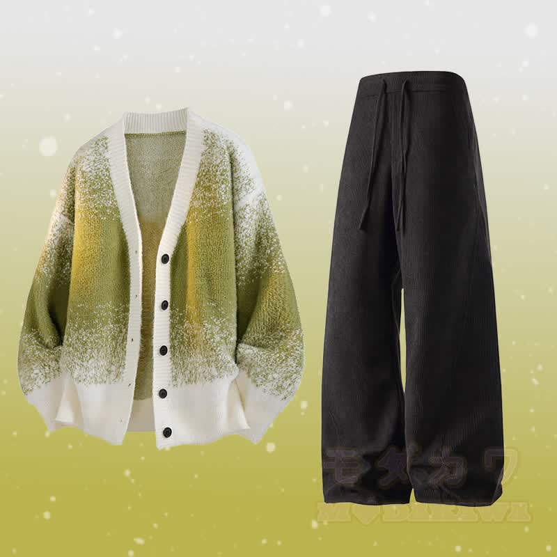Gradient Knit Cardigan Sweater Pocket Pants Two Pieces - Set E - 3XL - image 5