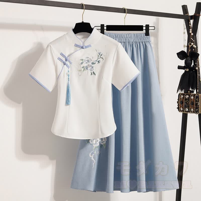 Vintage Embroidered Top Skirt Two Piece Set - Blue Short Sleeve - 4XL - image 4