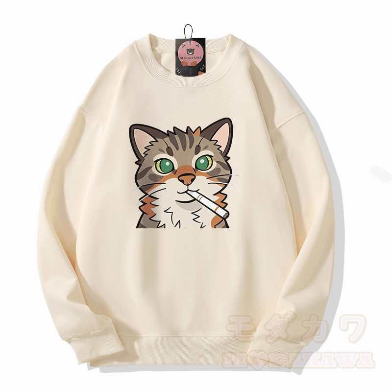 Smoking Cat Graphic Modakawa Unisex Sweatshirt - Beige - 5XL - image 3