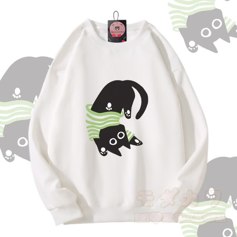 Upside Down Black Cat Graphic Modakawa Unisex Sweatshirt - White - 5XL - image 3