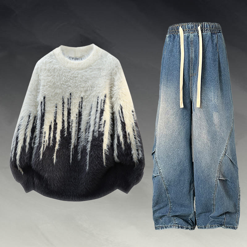 Fuzzy Knit Sweater Denim Pants Two Pieces - Set E - 2XL - image 5