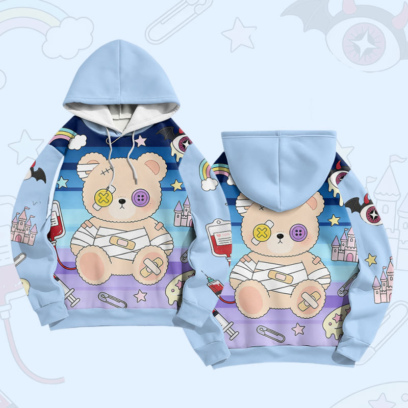 Patchwork Bear Graphic Modakawa Color Block Pullover Hoodie - Blue - 6XL - image 3