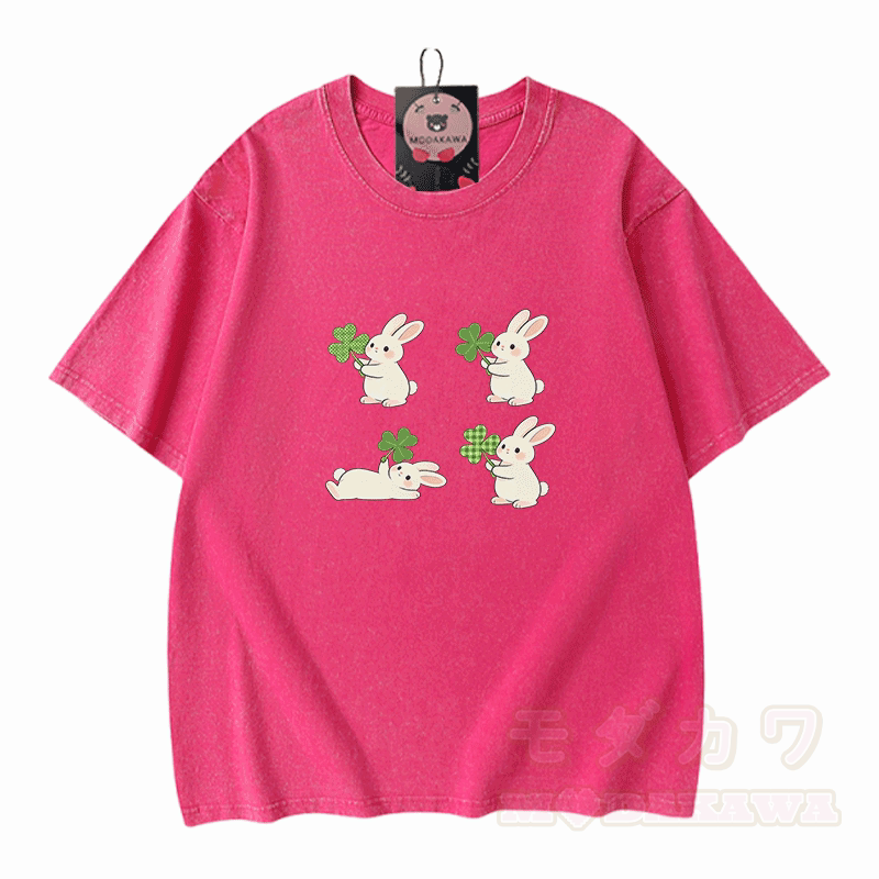 St. Patrick's Day Bunny Graphic Modakawa Vintage Washed 100% Cotton T-shirt - Rose Red - 5XL - image 5