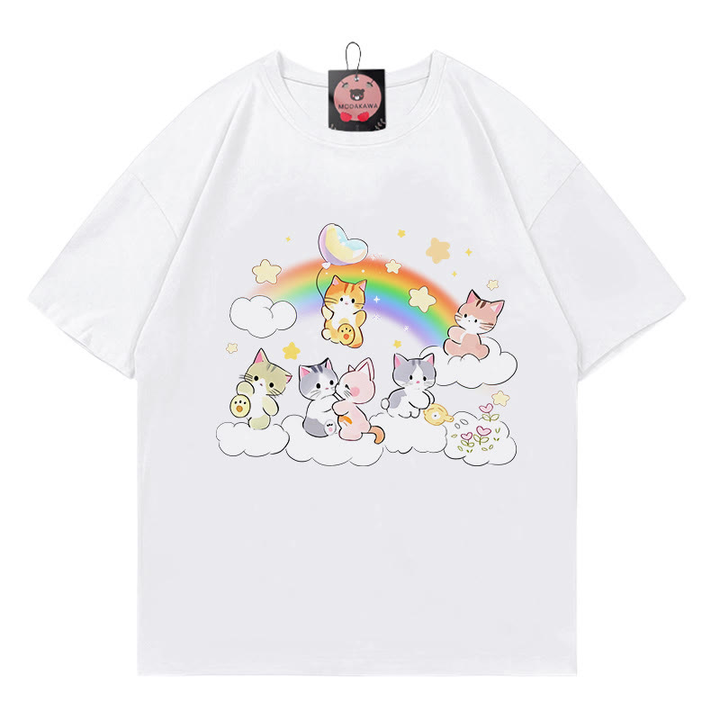 Kitty Rainbow Print 100% Cotton Modakawa T-shirt - White - 5XL - image 3