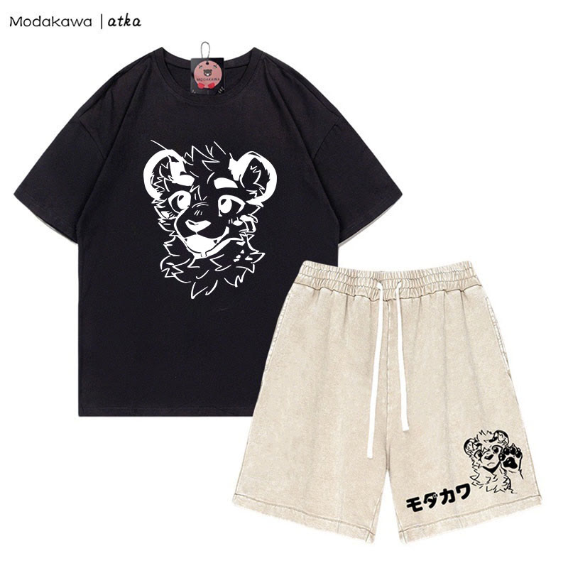 MODAKAWA X atka Tiger Print T-shirt Vintage Washed Shorts Two Pieces Set - Black&Apricot - 3XL - image 4