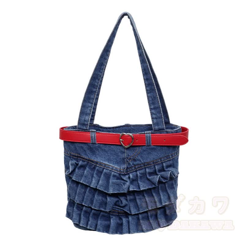 Vintage Washed Denim Ruffle Bag With Red Heart‑Buckle Strap - Light Blue - One Size - image 7
