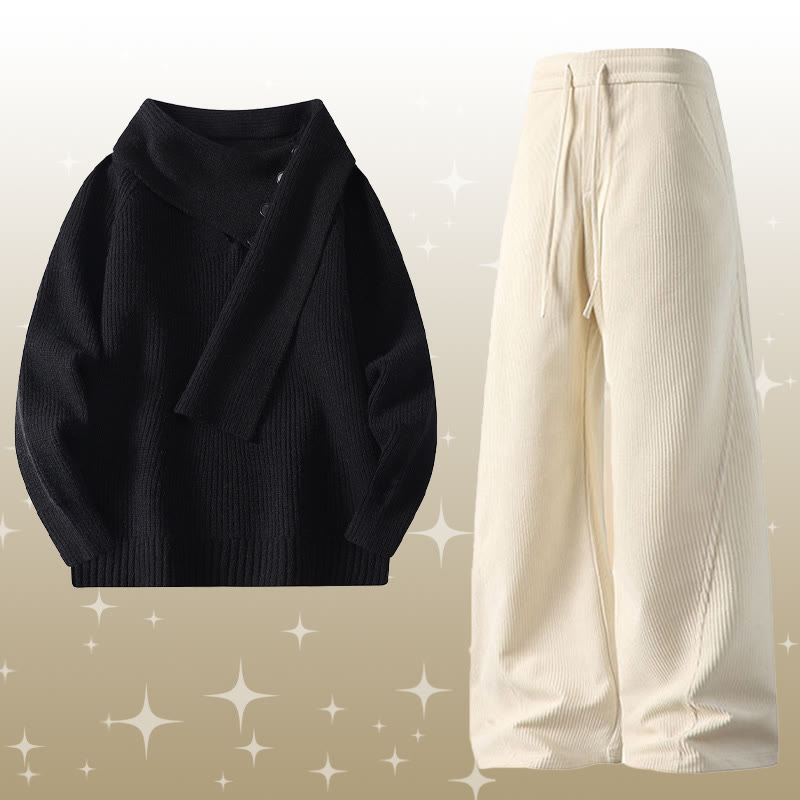 Irregular Knit Sweater Corduroy Pants Two Pieces - Set D - 4XL - image 4