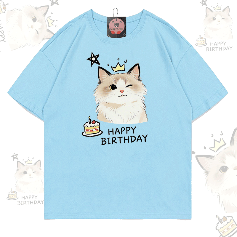 HAPPY BIRTHDAY Cute Cat Graphic Modakawa 100% Cotton T-shirt - Sky Blue - 5XL - image 4