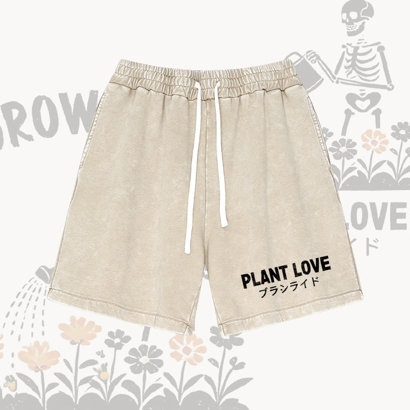 PLANT LOVE Letter Graphic Modakawa Vintage Washed Shorts - Apricot - 3XL - image 3
