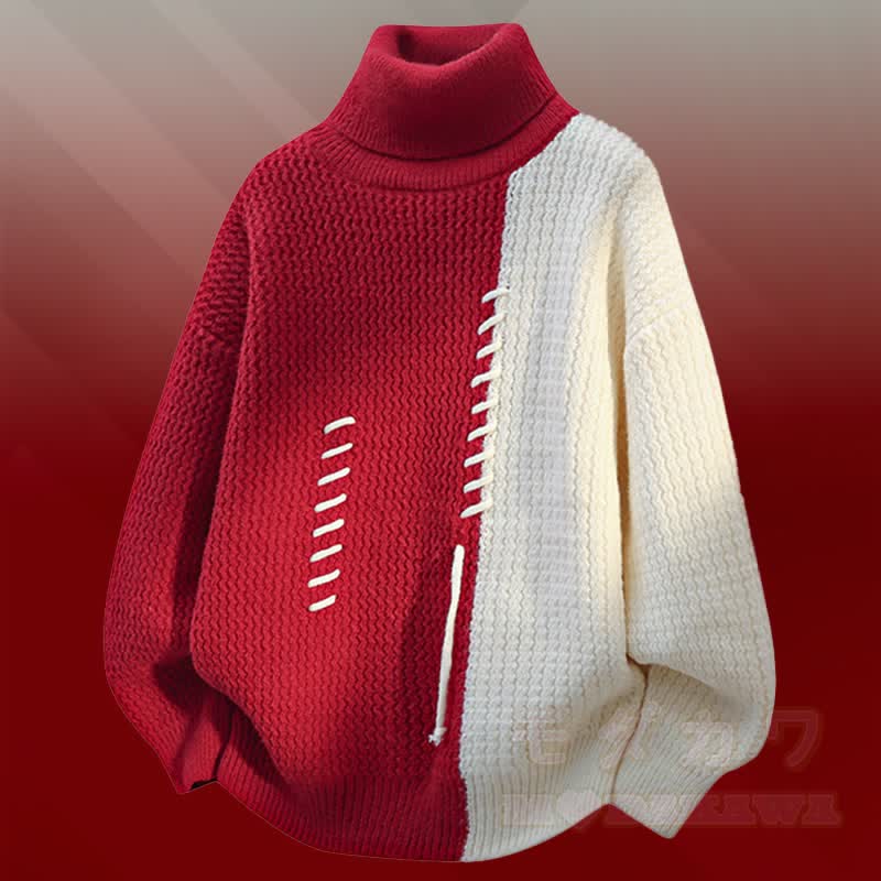 Turtleneck Color Block Fleece Lined Sweater Denim Pants Two Pieces - Red Sweater - 3XL - image 9
